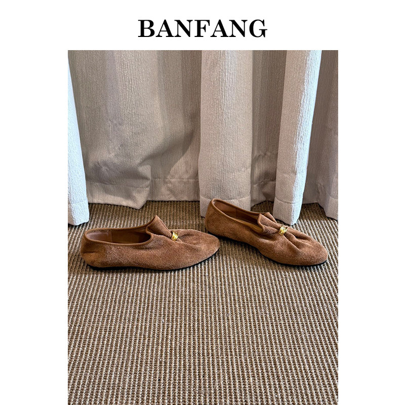 BANFANG女鞋1cm低跟圆头金属扣真皮老钱风女士通勤百搭乐福鞋