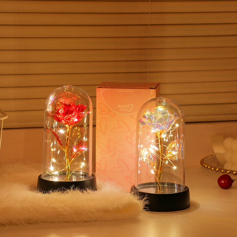 跨境永生花亚克力灯罩玫瑰花夜灯反光金箔花节日伴手礼品桌面摆件