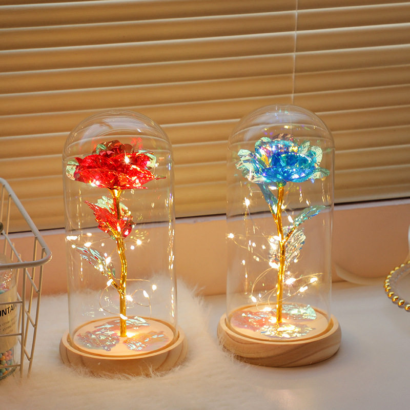 批发仿真花玫瑰花玻璃小夜灯办公室卧室书房桌面摆件节日礼品装饰