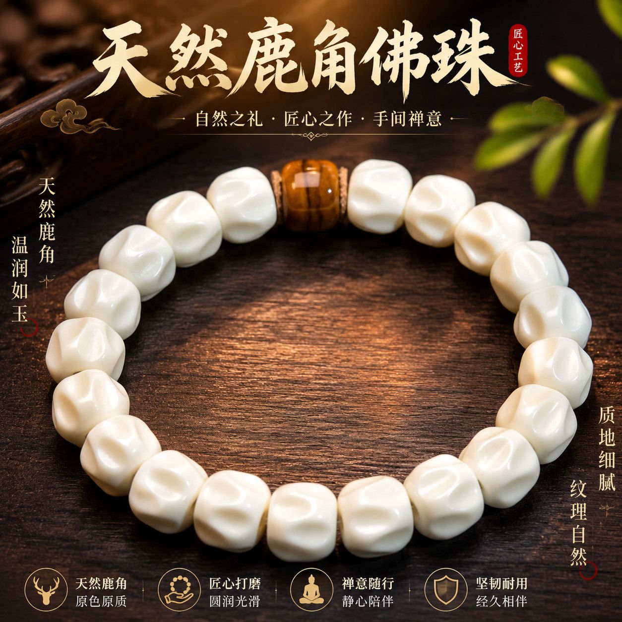 天然鹿角百香籽手串手链佛珠鹿头菩提