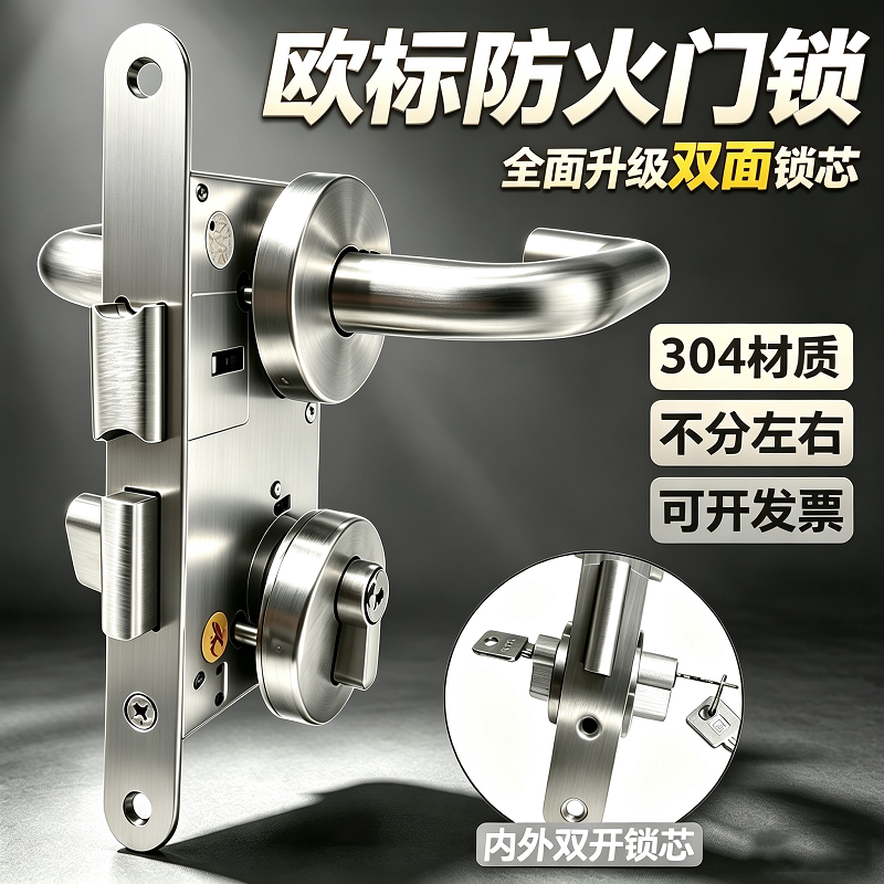 欧标304不锈钢防火门锁双面车间门锁特殊用锁全套双开锁芯分体锁