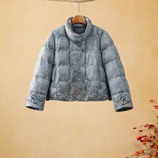 千椿物喜原创国风新中式民族风女复古刺绣宽松短款羽绒服