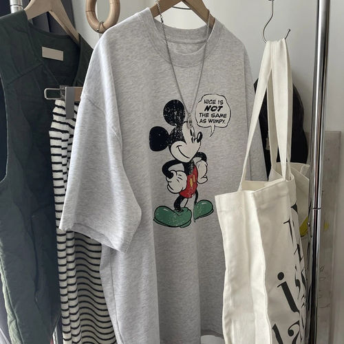 外贸原单正品尾货清仓~个性米奇卡通印花纯棉宽松短袖T恤男女上衣