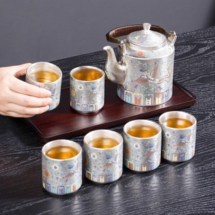 家用茶具套装 轻奢纯手工鎏银凤求凰提梁壶带茶盘中式 送礼节日礼品