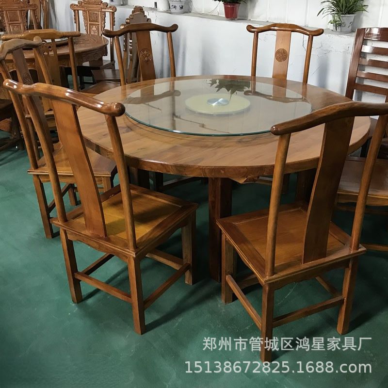 连锁店餐厅桌椅饭店餐桌椅组合 排档农庄餐馆榆木实木大圆桌酒店
