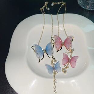 粉色蝴蝶项链2023新款爆款珍珠流苏锁骨链轻奢小众夏季蓝色颈链女