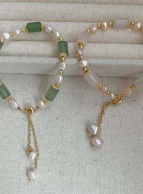 复古轻奢真金电镀竹节淡水珍珠手链法式文艺可调节手环时尚手饰女