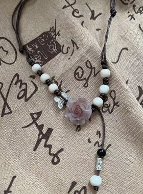 2023年新款陶瓷玫瑰编织项链女夏季时尚复古配饰可抽拉长款锁骨链