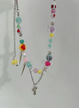敲适合夏天滴彩虹糖果项链女小众配饰网红甜酷辣妹锁骨链潮