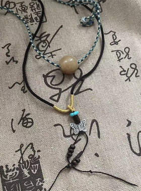 蝴蝶松石吊坠新中式项链女民族风编织绳长款锁骨链小众设计感配饰