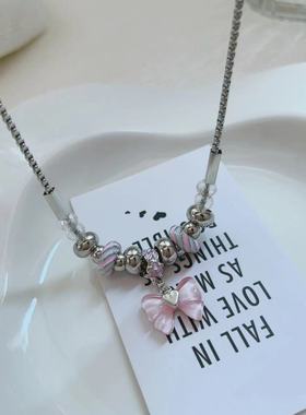 甜美糖果！甜酷粉色蝴蝶结项链女款轻奢小众夏季高级感锁骨链颈链