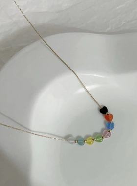 甜美轻奢彩色爱心吊坠项链女小众设计配饰2023年新款潮网红锁骨链