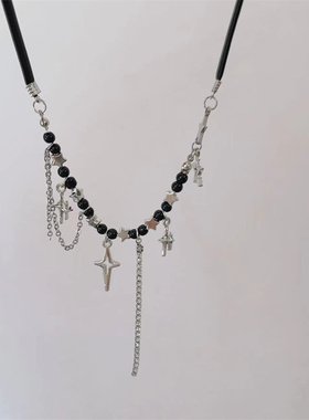 皮革流苏y2k千禧辣妹~星星项链ins小众设计嘻哈甜酷锁骨链choker