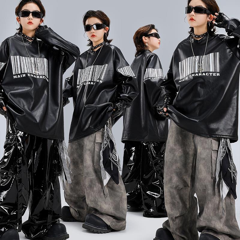 街舞儿童潮服嘻哈男黑皮衣