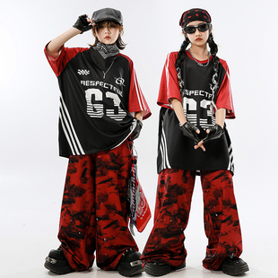 儿童街舞服装酷帅潮服黑红演出服男童套装女童嘻哈炸街六一表演服