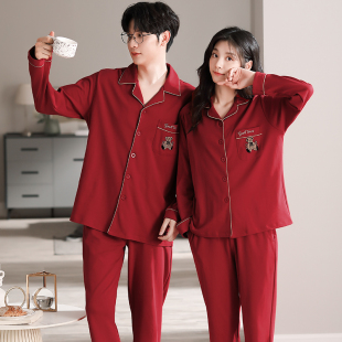 本命年新婚结婚家居服男女纯棉套装 红色情侣睡衣秋冬季 莱卡棉长袖