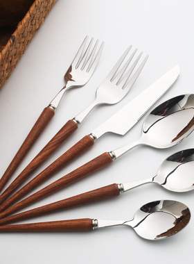 日式复古花梨木304不锈钢刀叉勺套装 西餐叉甜品叉勺木柄西餐餐具