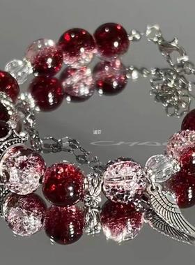 跨境暗红皇冠高级感手链小众气质深红色显白气质百搭水晶手饰批发