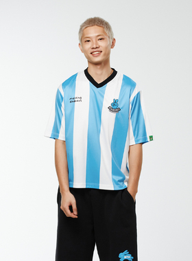 MeltingSadness春夏季条纹印花足球服短袖显瘦V领T恤男女同款