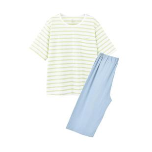 無(wú)側(cè)縫天竺純棉條紋家居服針織全棉情侶套裝 睡衣男女短袖 無(wú)印日式