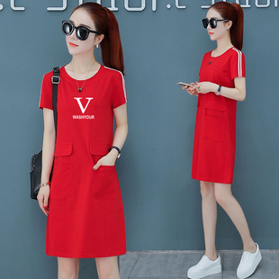 遮肚 高档100%纯棉夏季 大码 短袖 口袋连衣裙百搭宽松显瘦胖mm中长款
