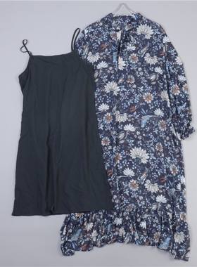 高档216碎花雪纺连衣裙两件套装78600飘带领灯笼袖宽松长裙+吊带