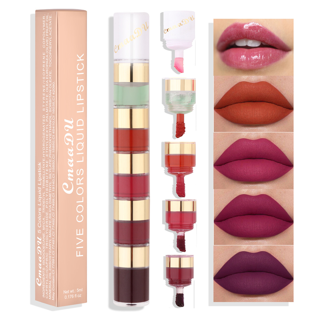 5 In 1 Matte Lipstick Kit Combo Strip Velvet Sexy Red Lip