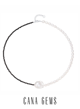 CANAGEMS 半黑尖晶半小米珠项链淡水巴洛克珍珠黑白锁骨链 PD0447