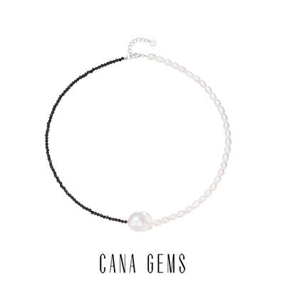CANAGEMS 半黑尖晶半小米珠项链淡水巴洛克珍珠黑白锁骨链 PD0447