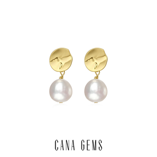 铜镀金S925银针耳饰 CANA GEMS PD0623 圆片巴洛克珍珠耳环