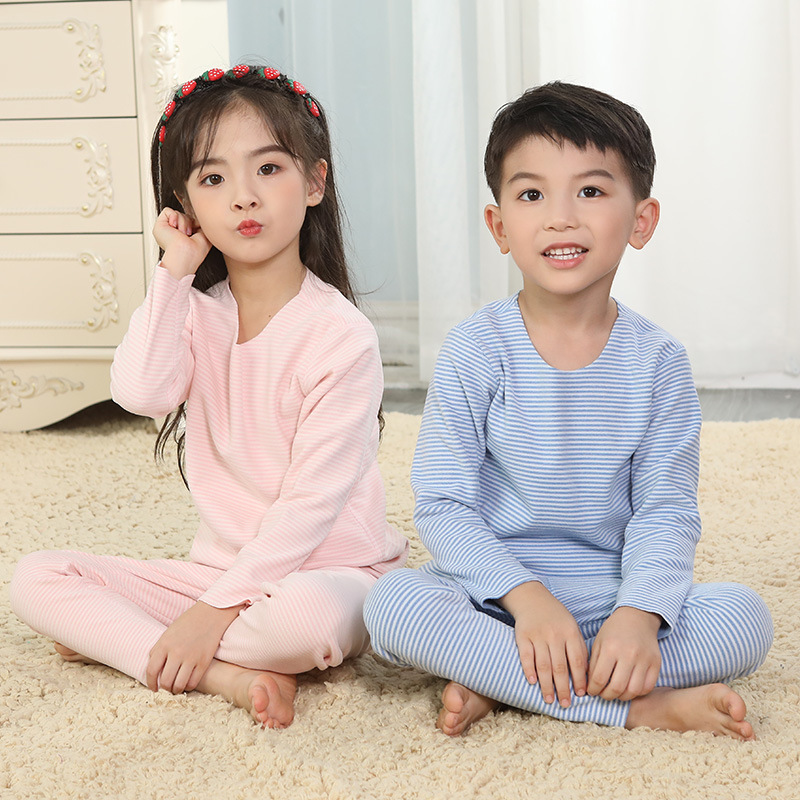 儿童内衣套装AB面德加绒秋衣秋裤男女童装条纹保暖睡衣家居服冬季