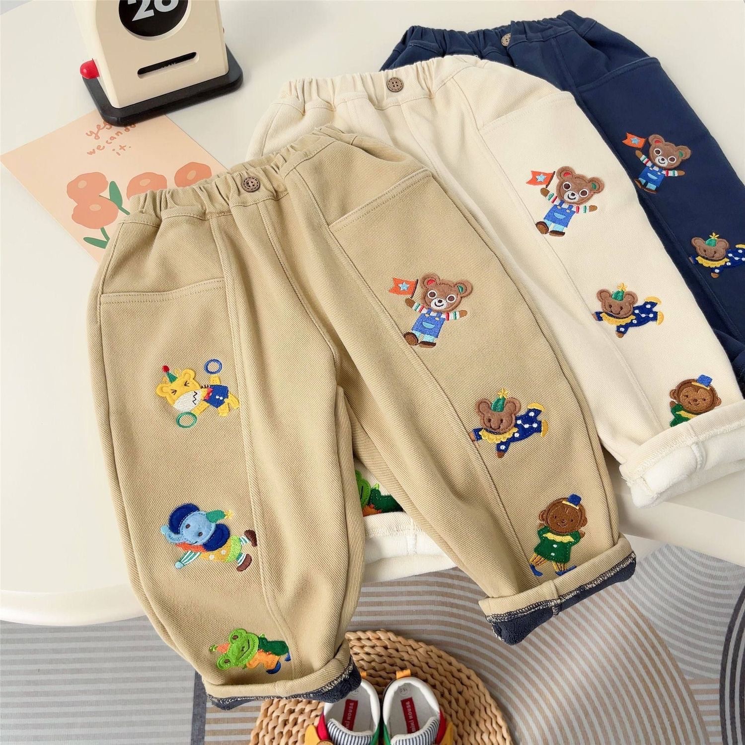 新秋冬季一体绒儿童休闲保暖长裤男女宝宝棉加绒加厚刺绣外穿裤子