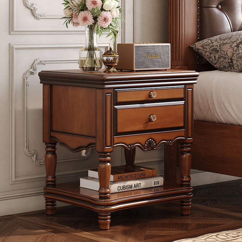美式实木床头柜复古田园风卧室床头置物架现代简约轻奢高级床头桌
