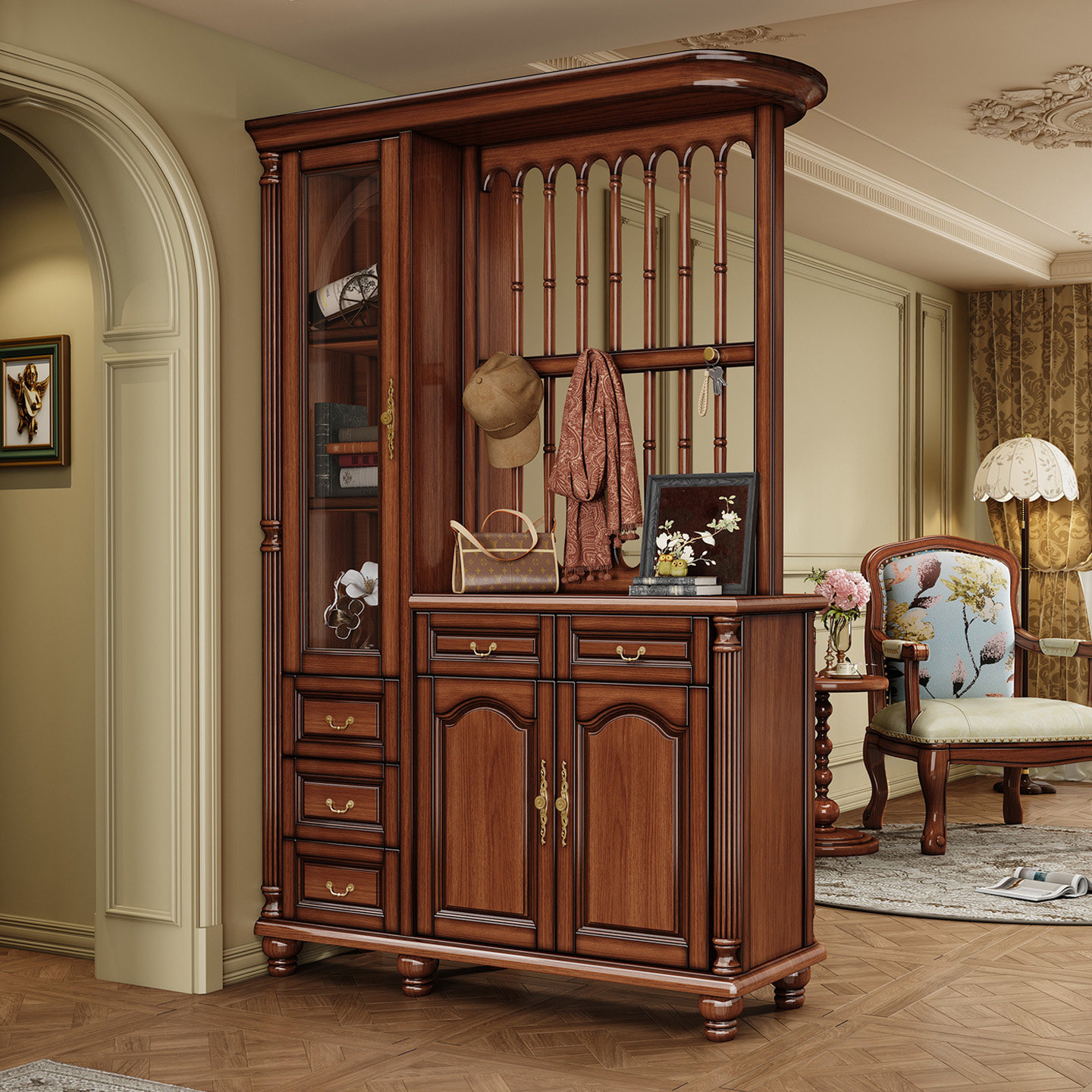 美式复古实木玄关间厅柜入户客厅沙发隔断柜桃花心木小户型屏风