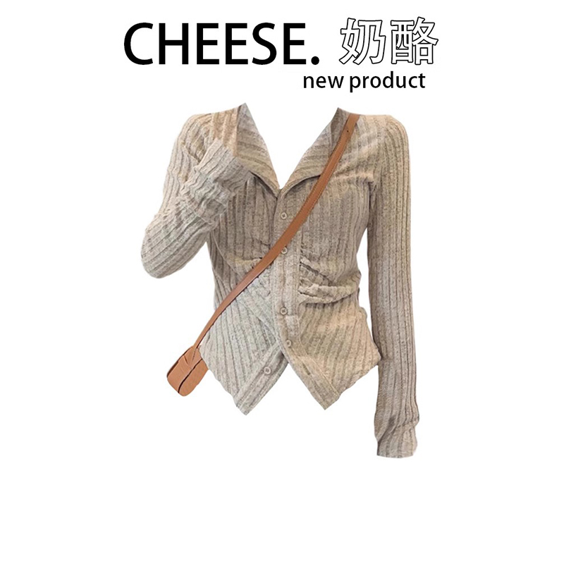 CHEESE 奶酪 美式V领长袖纯欲针织开衫女早秋设计感显瘦修身上衣