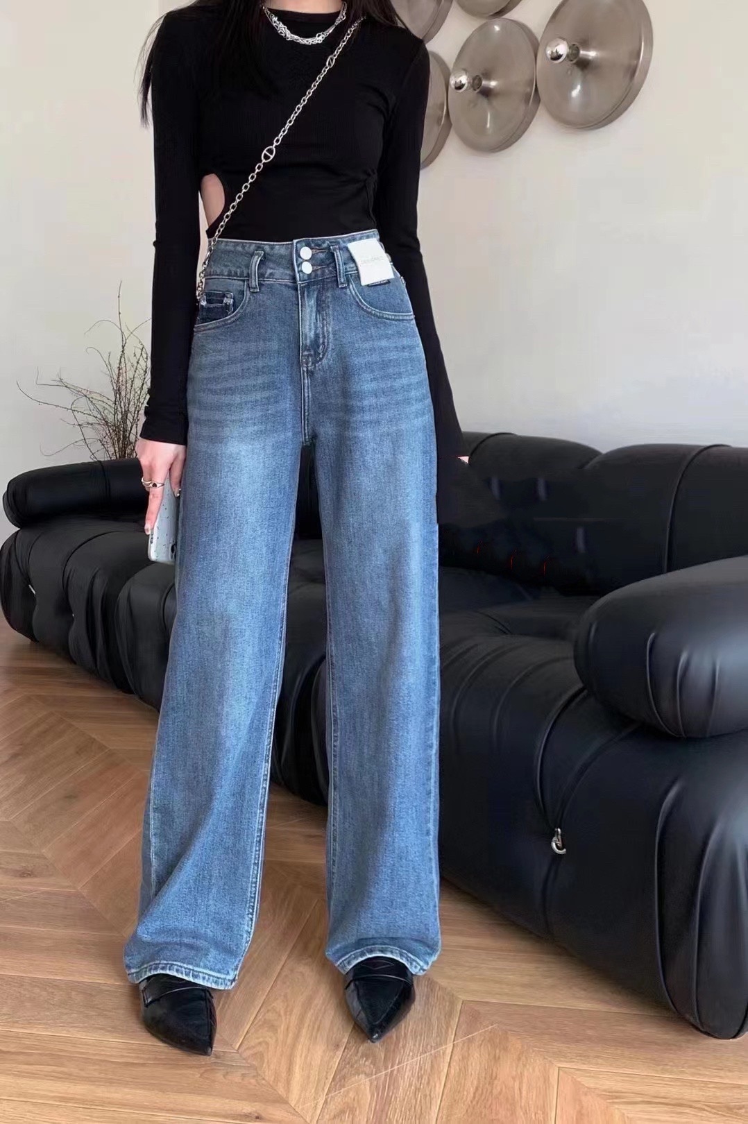 弹力欧货牛仔裤2025春秋阔腿高腰