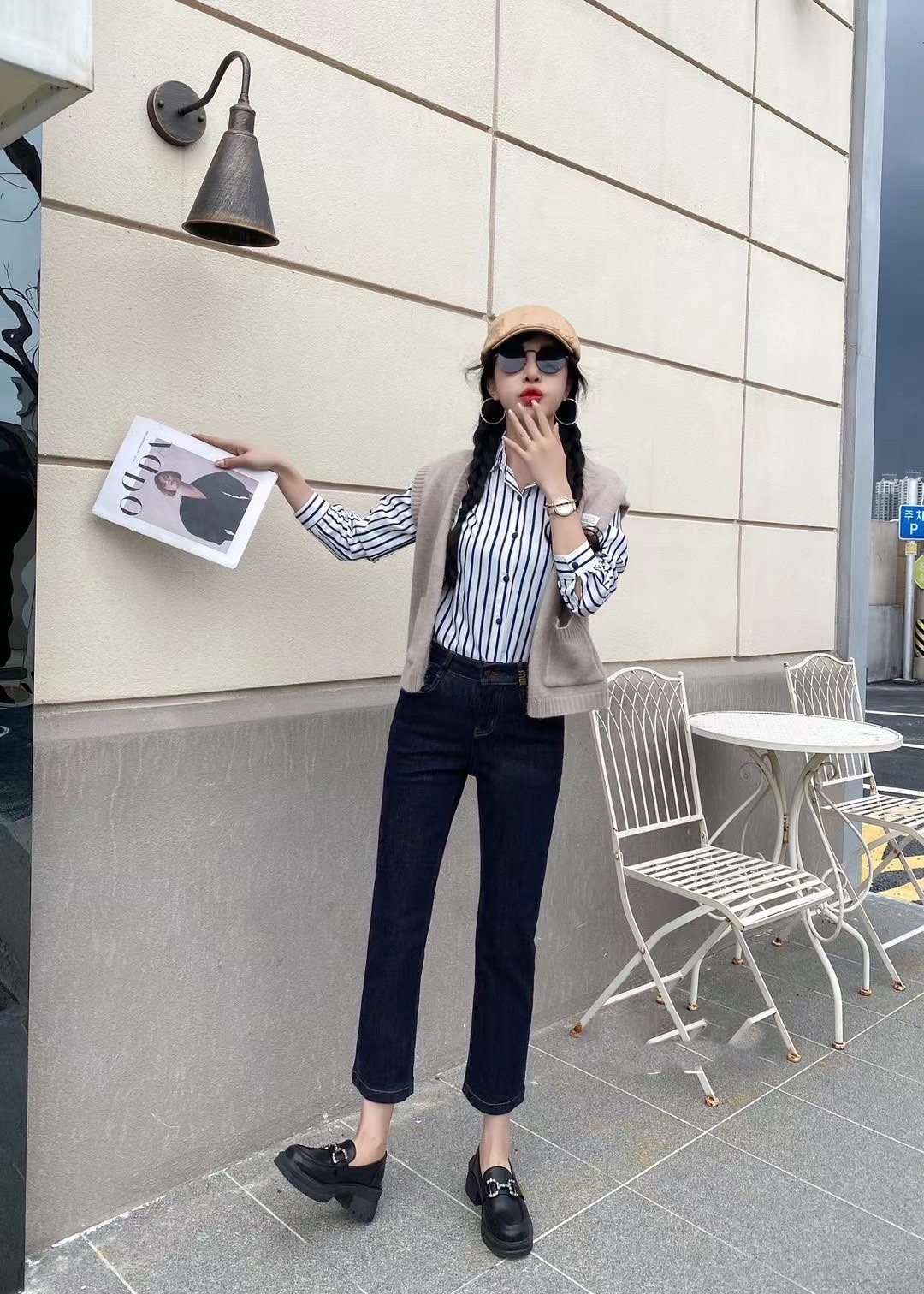 香港花牌春夏秋款欧货芭莎BASHA百搭裤脚开叉装饰直筒烟管牛仔裤