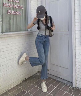 2026春夏新款香港花牌BASHA芭莎欧货韩版开叉九分微喇叭牛仔裤女