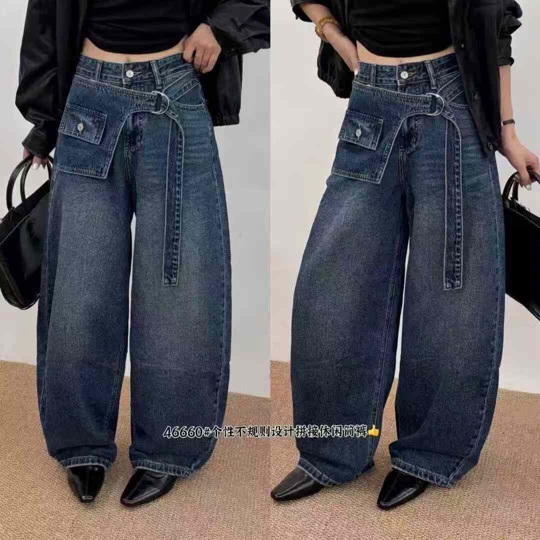 2026新款春秋冬香港花牌BASHA芭莎宽松弯刀裤蓝色牛仔裤个性设计