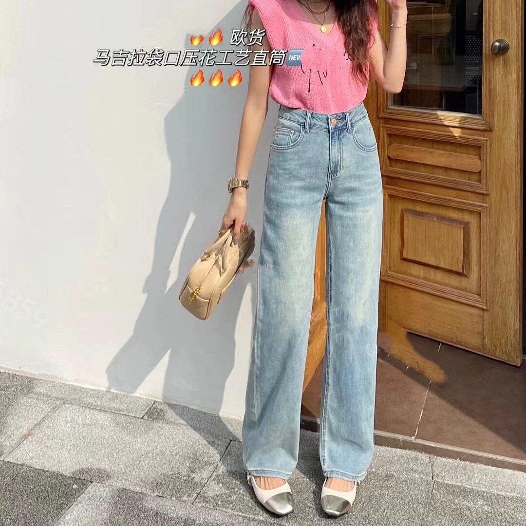 2026春夏新款香港花牌BASHA芭莎欧货韩版薄料浅色窄版阔腿牛仔裤