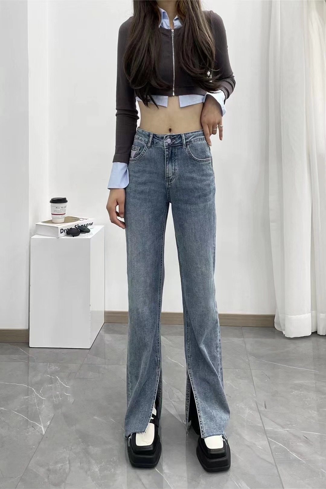 香港花牌春夏芭莎BASHA欧货百搭裤脚开叉百搭法棍直筒女牛仔裤子