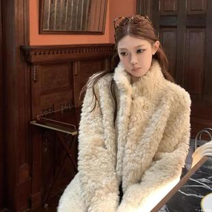 富人区4.0环保皮草毛毛外套女温柔慵懒风皮毛一体立领羊羔毛大衣