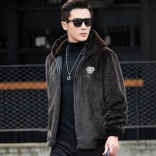 2023男士冬季外套羊剪绒皮毛一体水貂连帽中年爸爸金貂绒大衣