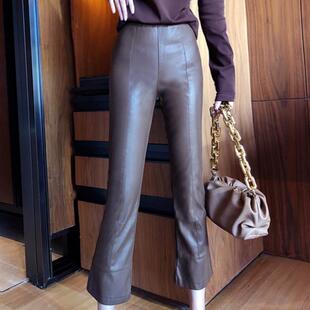 皮裤女秋冬新款韩版高腰修身显瘦黑色PU皮时尚百搭九分裤微喇裤潮