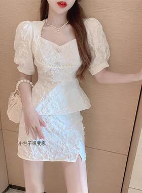 夏装2025新款减龄提花短款衬衫+性感开叉半身裙名媛范两件套装女