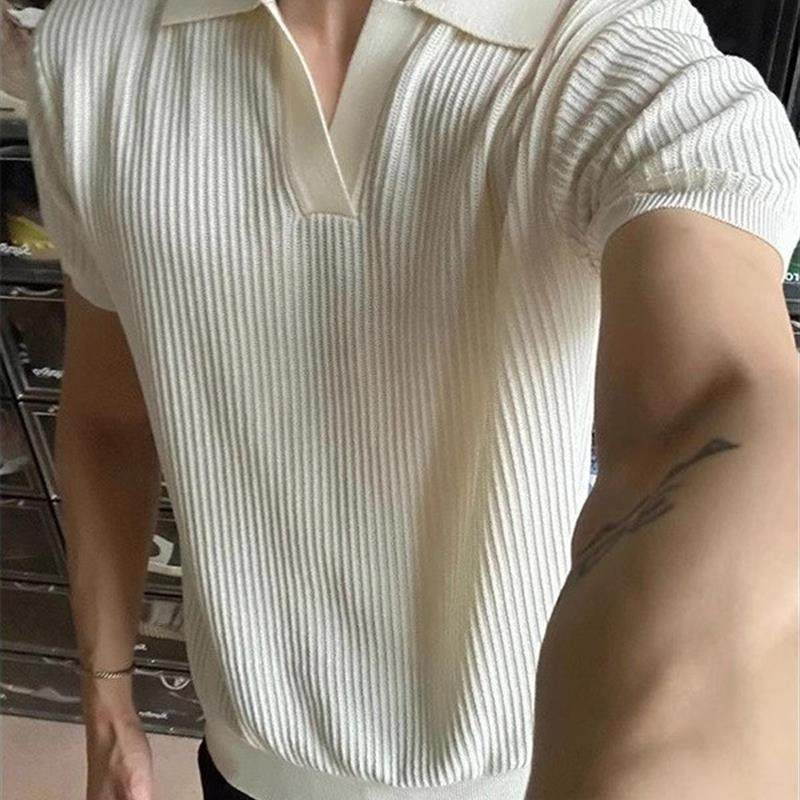 老钱风海鸥v领针织短袖男夏季薄款高级感收袖口polo衫t恤修身半袖