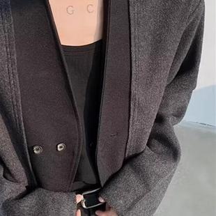 复古宽松呢子西装 拼接毛呢西服外套男春秋季 潮 短款 老钱风双扣开衫