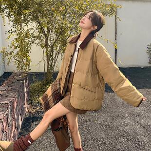 卡其色短款羽绒棉服女2024年冬季新款韩版慵懒风休闲翻领夹棉外套