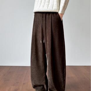 新款老钱风毛呢裤子男高级感垂坠感雪尼尔阔腿裤冬季重磅弯刀卫裤