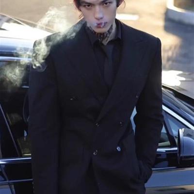 高级感黑色双排扣西装男春季痞帅男生dk正装男装男士休闲西服外套